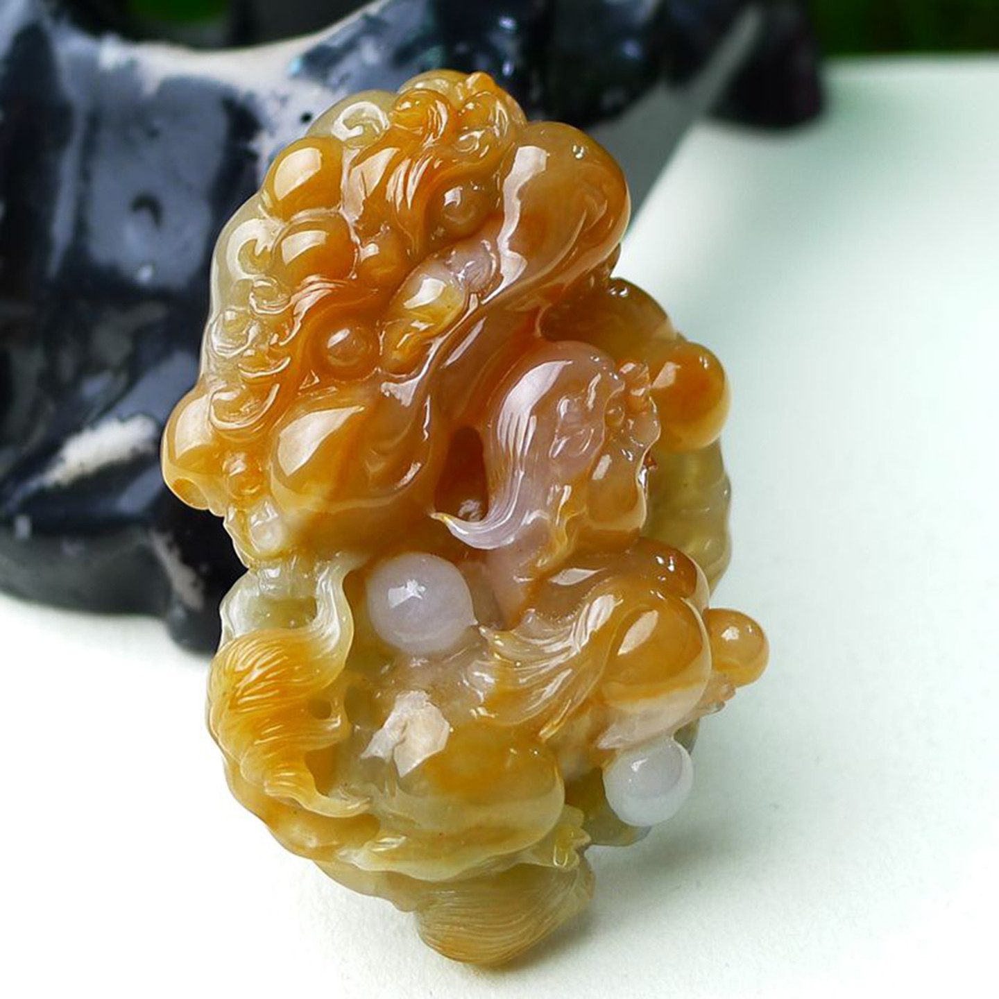 缅甸天然A货玉石翡翠 老坑冰种手工精雕红翡狮子吊坠