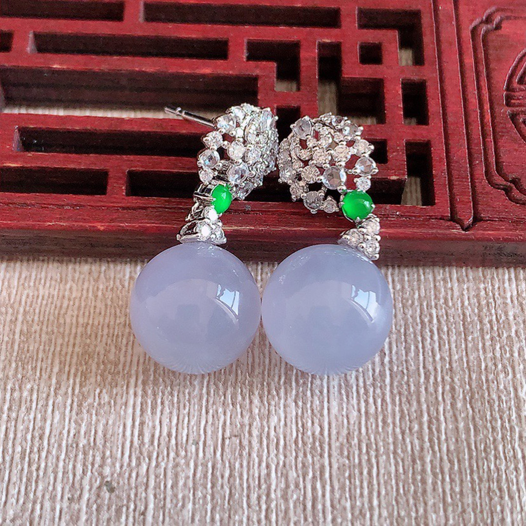 缅甸天然A货玉石翡翠 老坑冰种 手工精雕18K金伴钻紫罗兰圆珠吊坠