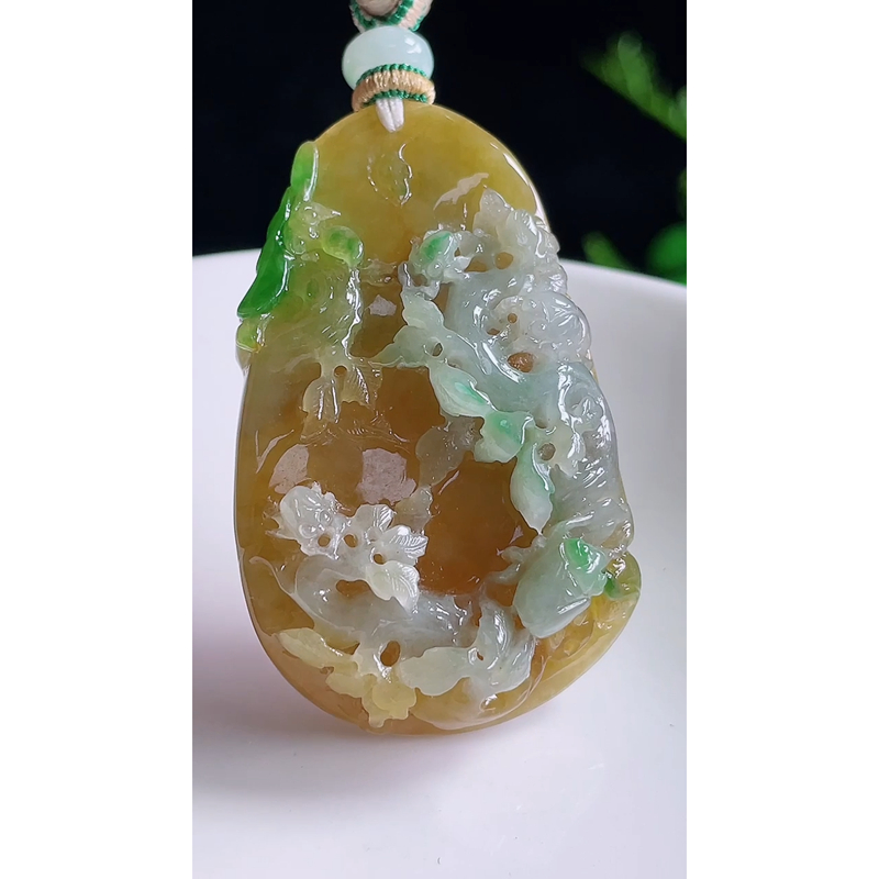 缅甸天然A货玉石翡翠 老坑精雕冰种手工雕刻黄翡飘绿喜上眉梢吊坠