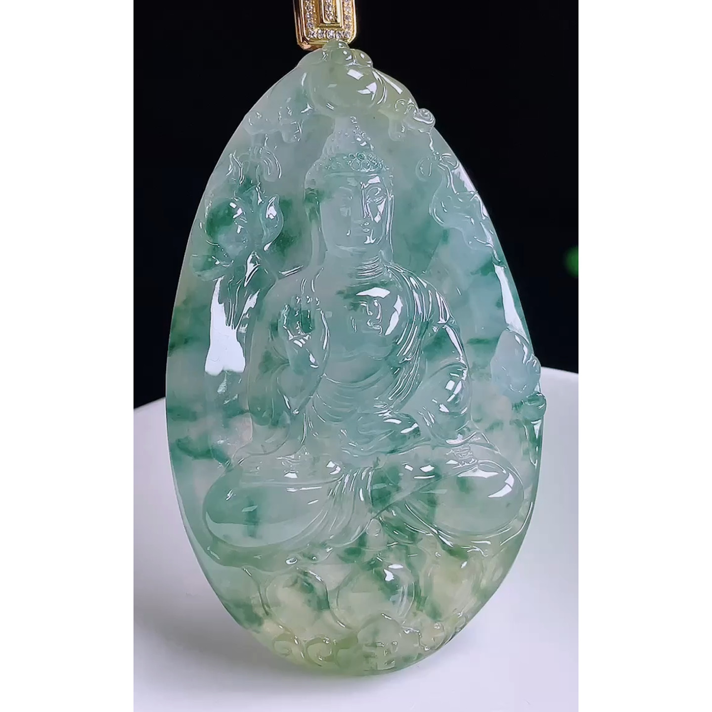 缅甸天然A货玉石翡翠 老坑冰种手工精雕飘花观音吊坠