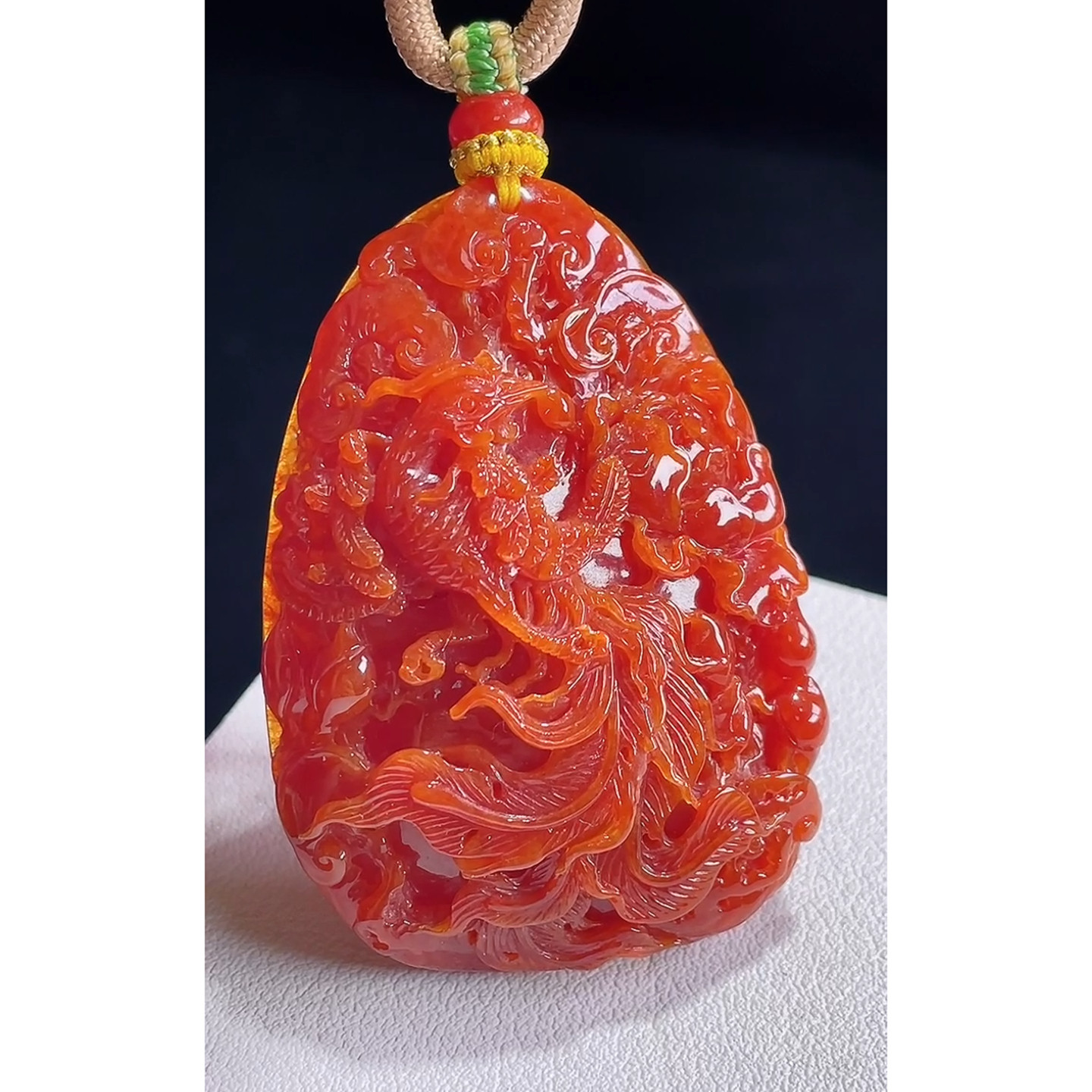 缅甸天然A货玉石翡翠 老坑冰种手工精雕红翡凤凰吊坠