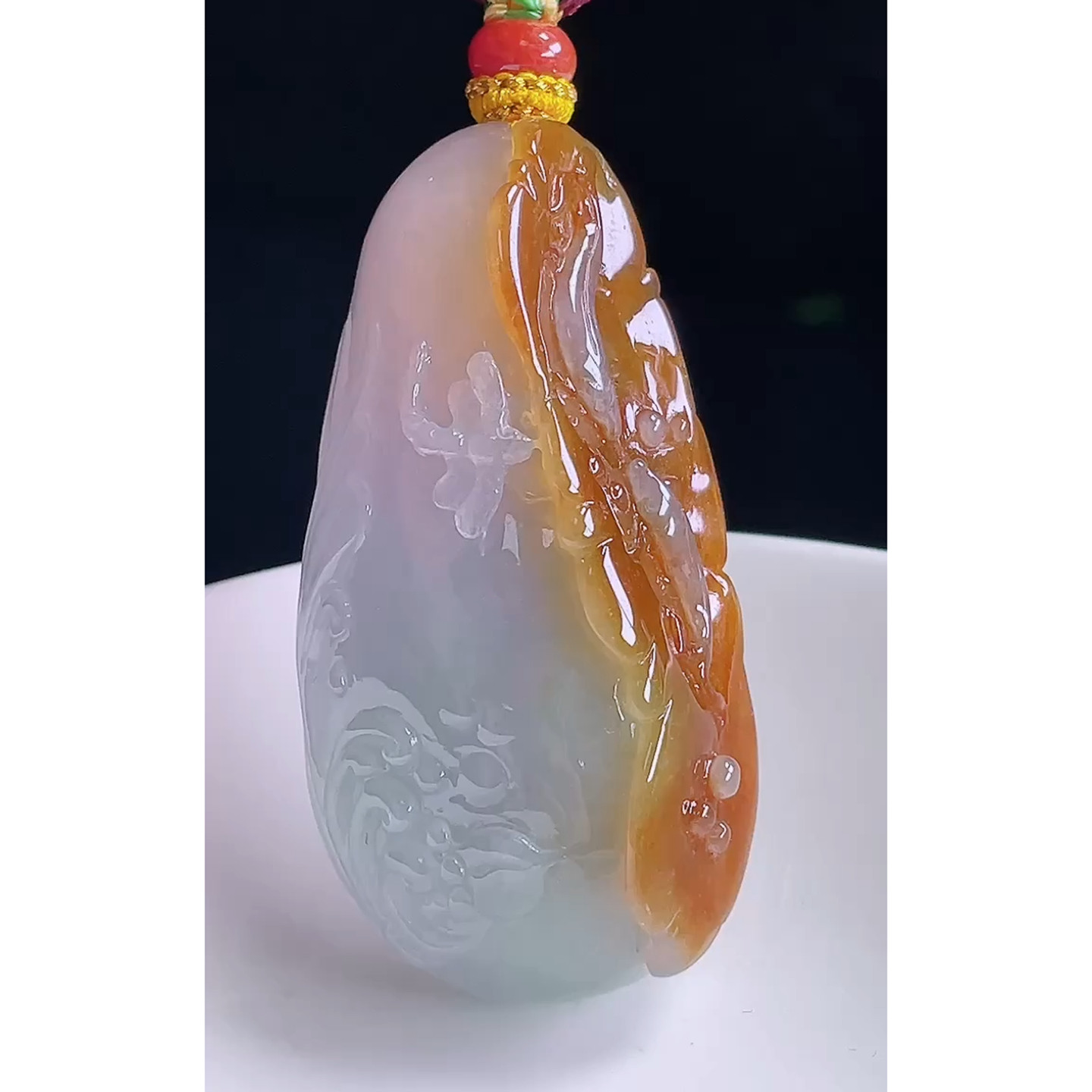 缅甸天然A货玉石翡翠 老坑冰种手工精雕红翡荷叶鱼吊坠