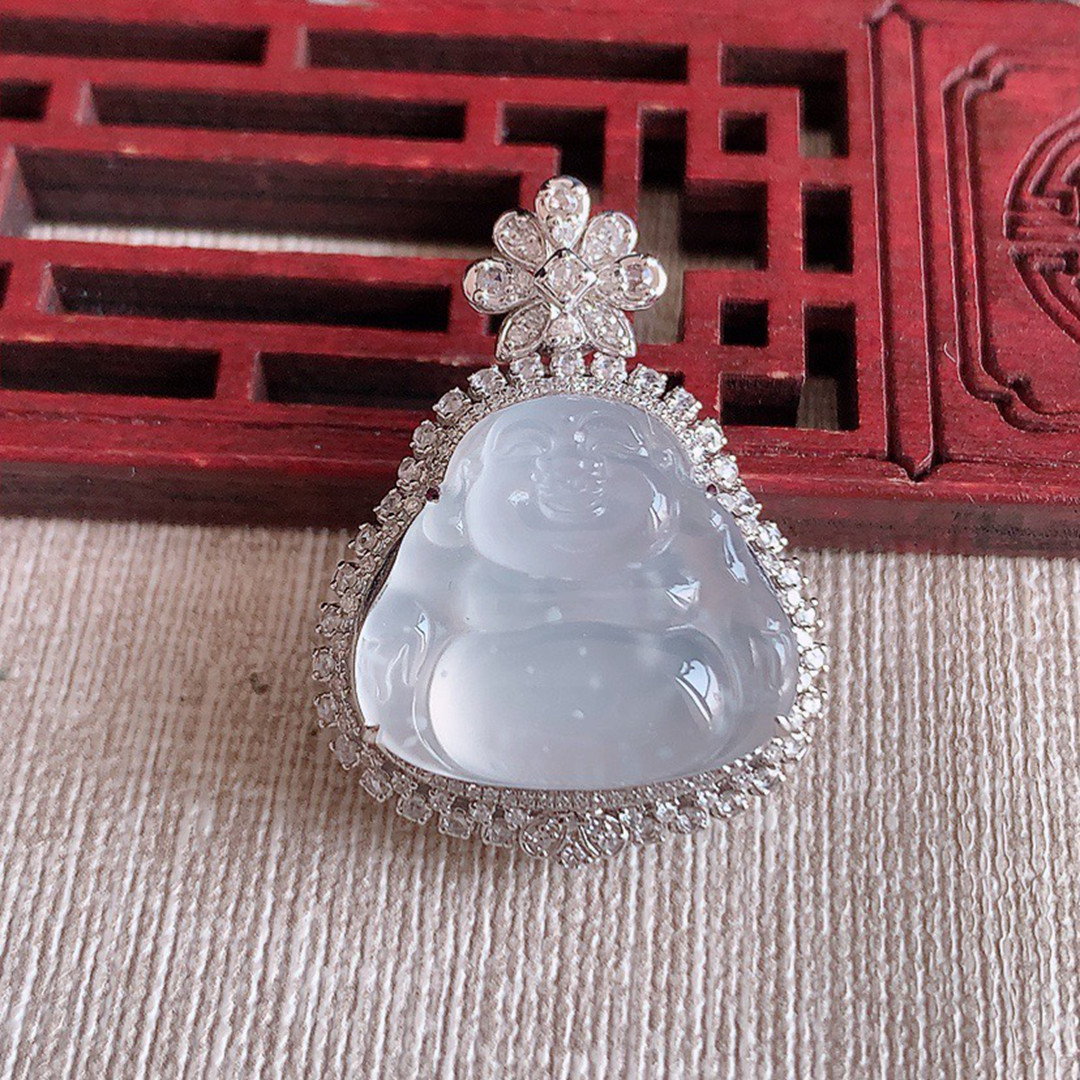 缅甸天然A货玉石翡翠 老坑冰种 手工精雕 18K金伴钻镶嵌佛公吊坠