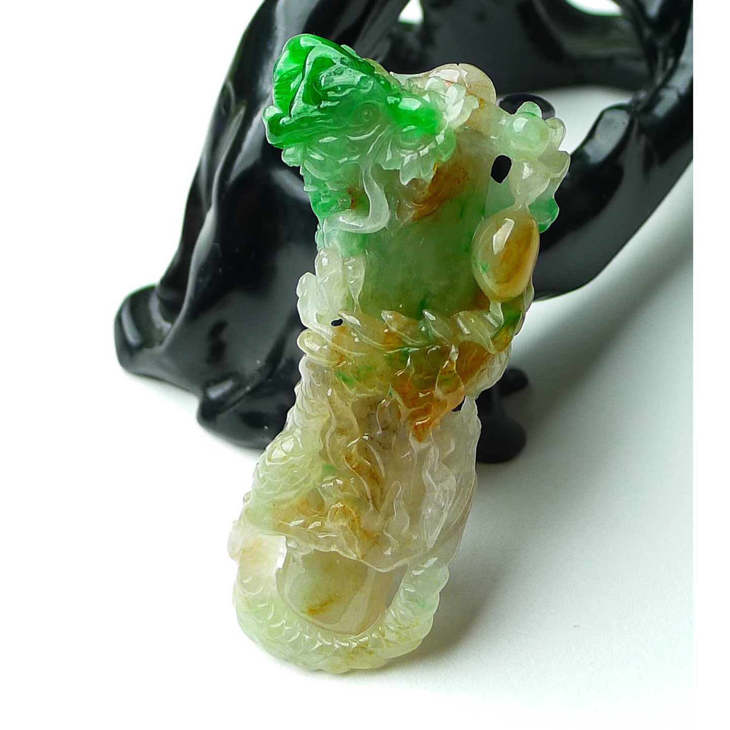 缅甸天然A货玉石翡翠 老坑冰种手工精雕黄加绿三彩龙柱吊坠