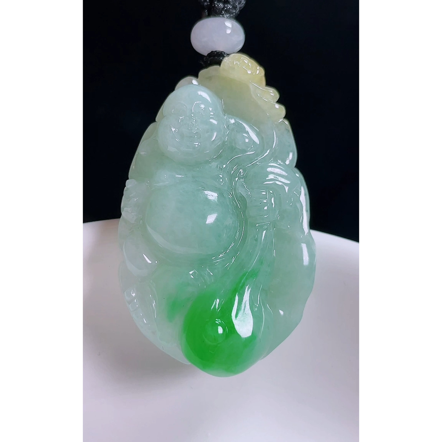 缅甸天然A货玉石翡翠 老坑冰种手工精雕黄加绿布袋佛吊坠