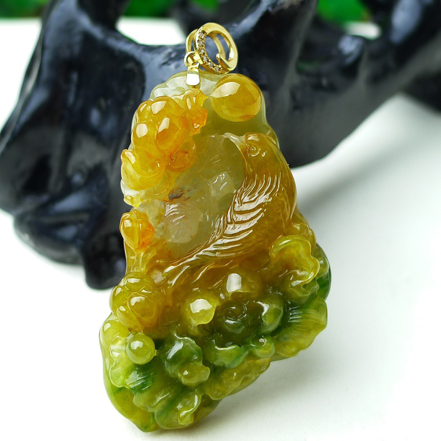 缅甸天然A货玉石翡翠老坑冰种手工精雕18K金扣三彩黄加绿花鸟吊坠