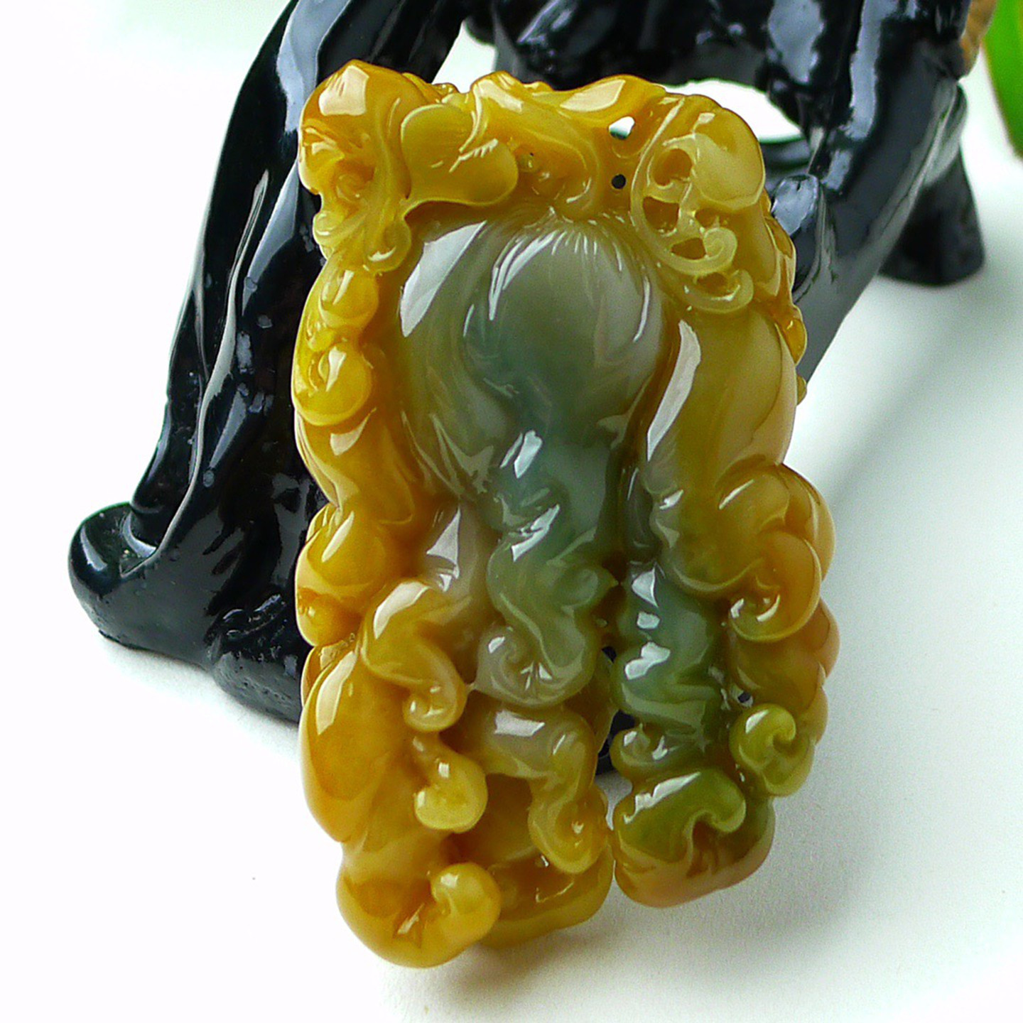 缅甸天然A货玉石翡翠 老坑冰种手工精雕三彩黄加绿佛手吊坠