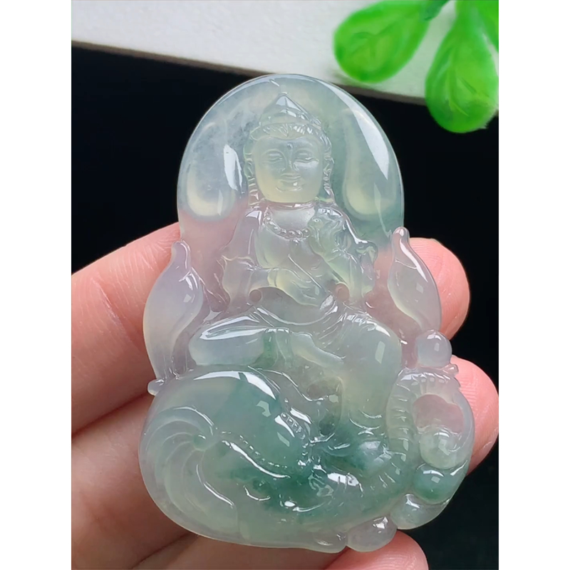 缅甸天然A货玉石翡翠 老坑冰种 手工精雕 飘花普贤菩萨吊坠