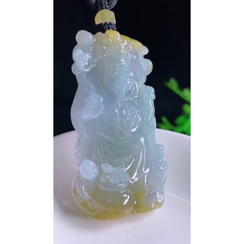 缅甸天然A货玉石翡翠 老坑精雕冰种 手工雕刻 黄翡财神爷吊坠