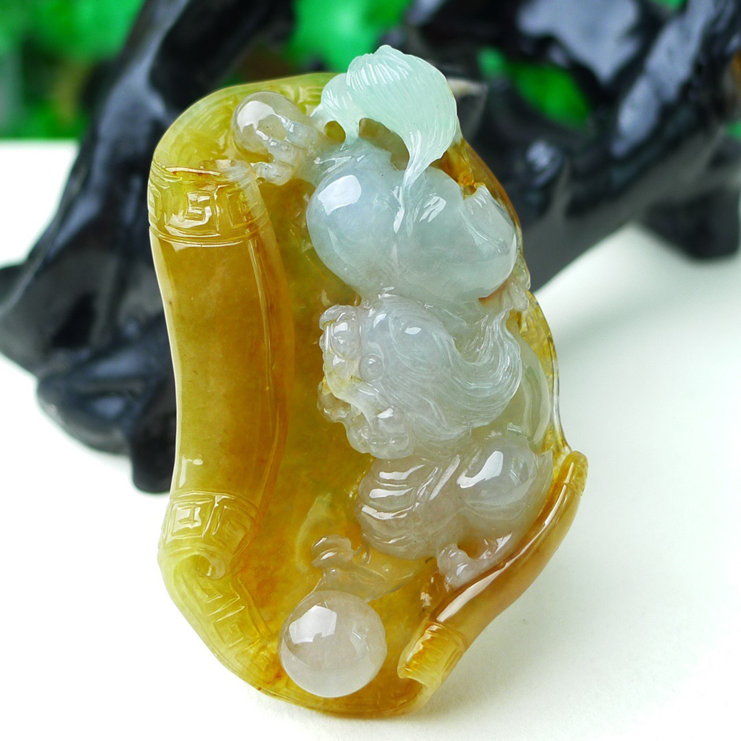 缅甸天然A货玉石翡翠 老坑冰种手工精雕俏色双彩 黄翡貔貅吊坠