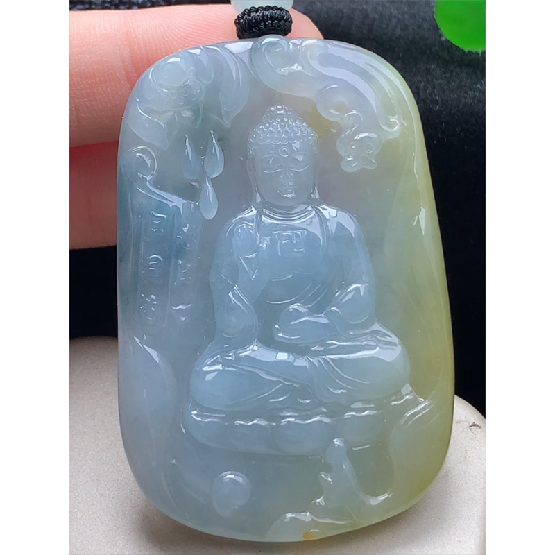 缅甸天然A货玉石翡翠 老坑冰种 手工精雕 阿弥陀佛菩萨牌吊坠