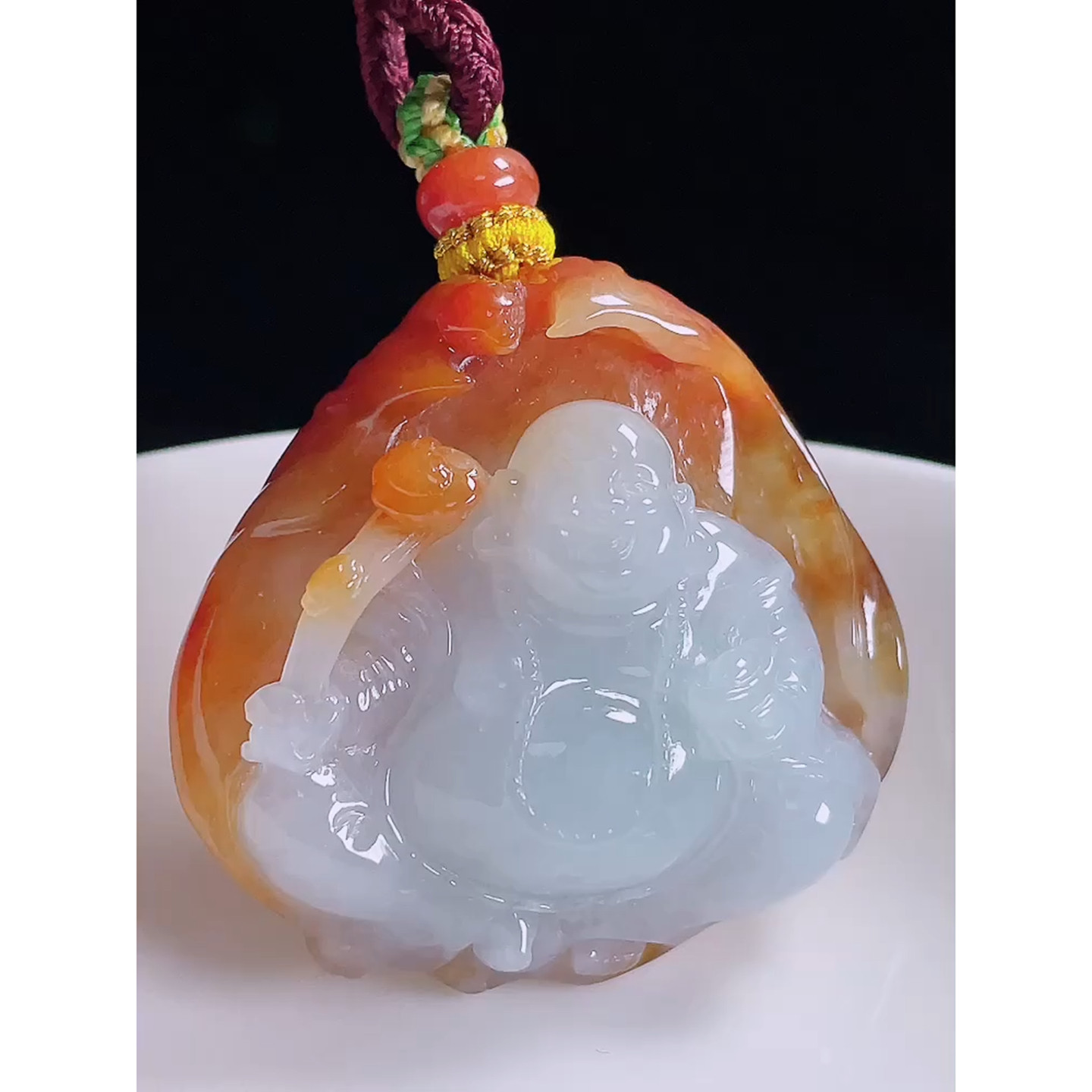 缅甸天然A货玉石翡翠 老坑冰种手工精雕红翡布袋佛吊坠