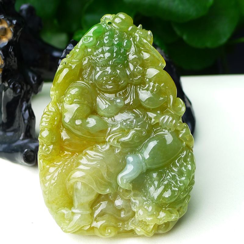 缅甸天然A货玉石翡翠 老坑冰种 手工精雕 双彩黄翡不动明王吊坠