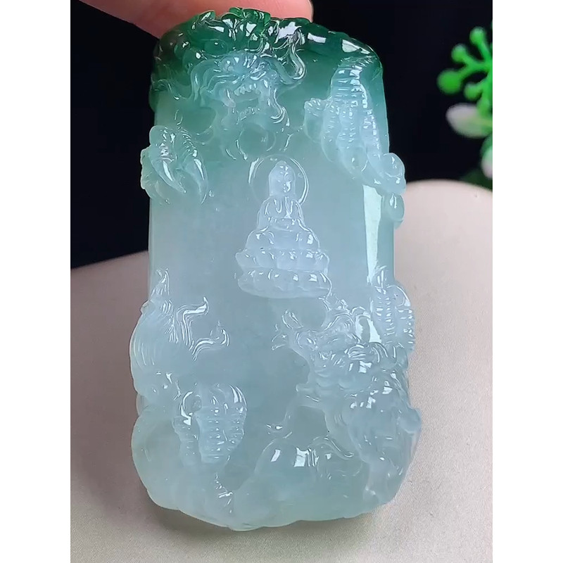 缅甸天然A货玉石翡翠 精雕老坑冰种冰飘辣绿龙牌吊坠