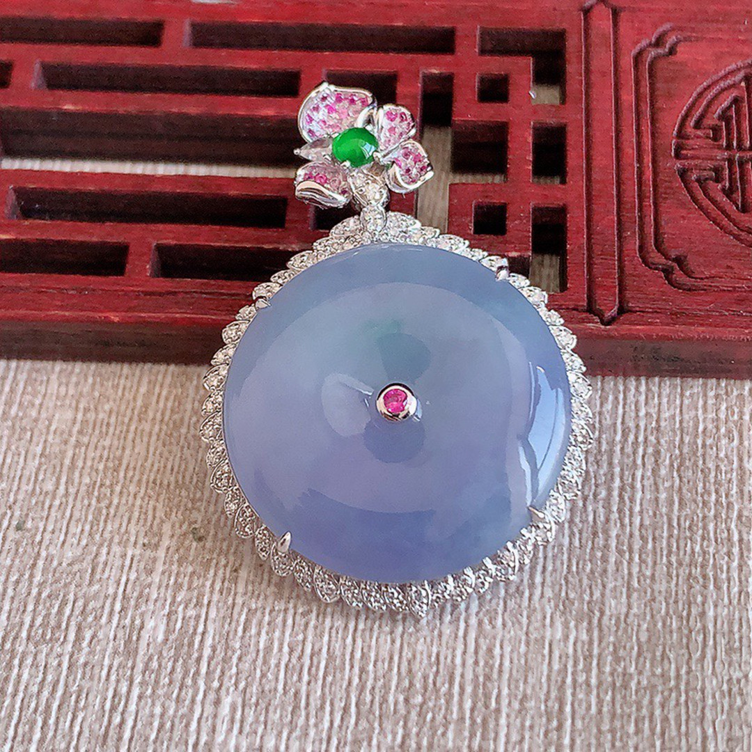 缅甸天然A货玉石翡翠老坑冰种手工精雕18K金伴钻紫罗兰平安扣吊坠