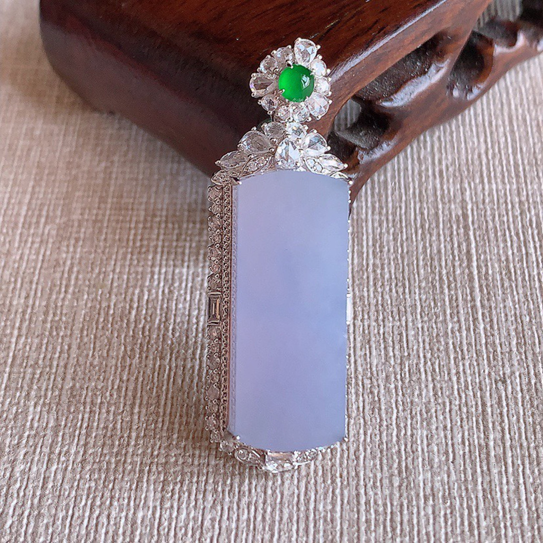 缅甸天然A货玉石翡翠老坑冰种手工精雕18K金伴钻紫罗兰无事牌吊坠