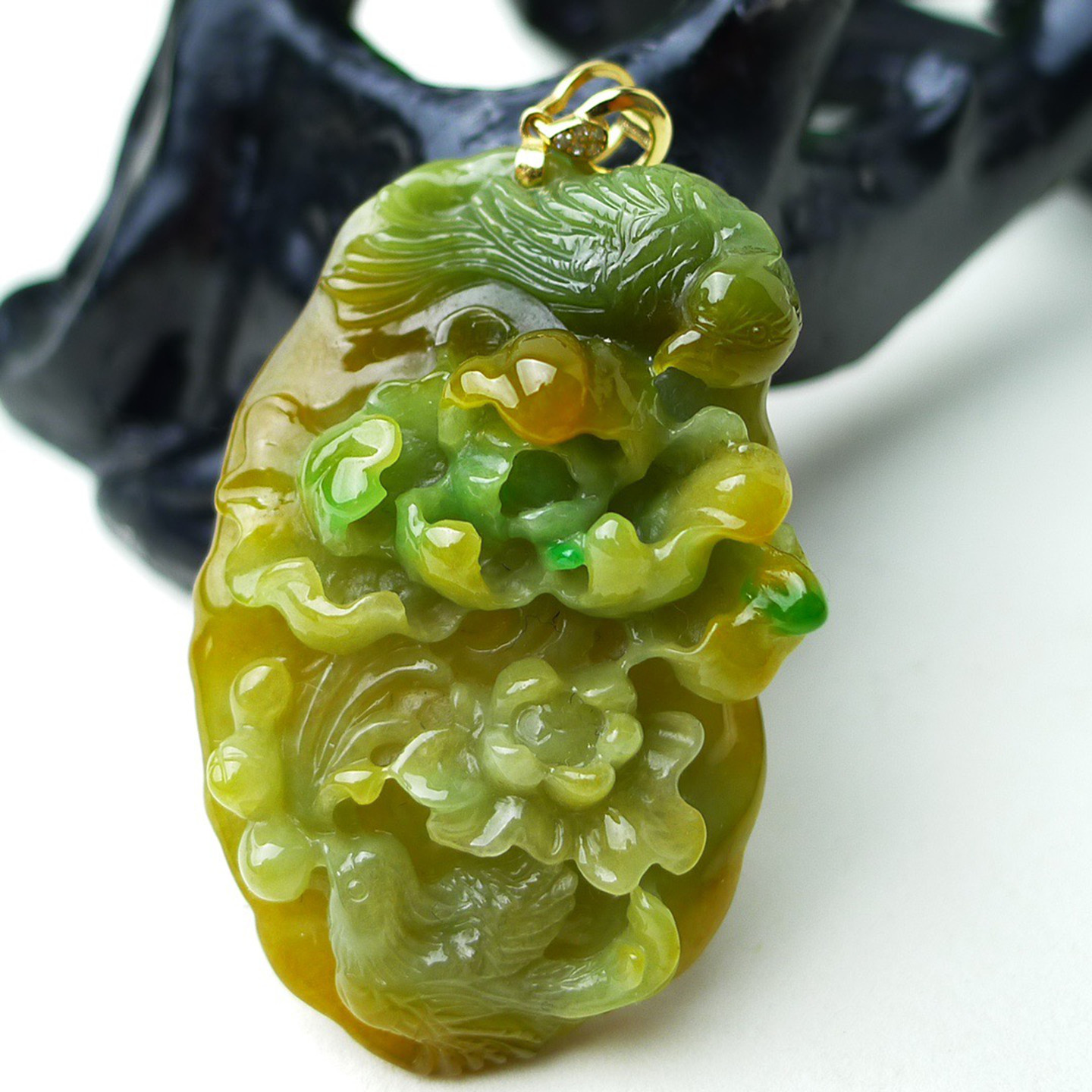 缅甸天然A货玉石翡翠老坑冰种手工精雕18K金扣三彩黄加绿花鸟吊坠