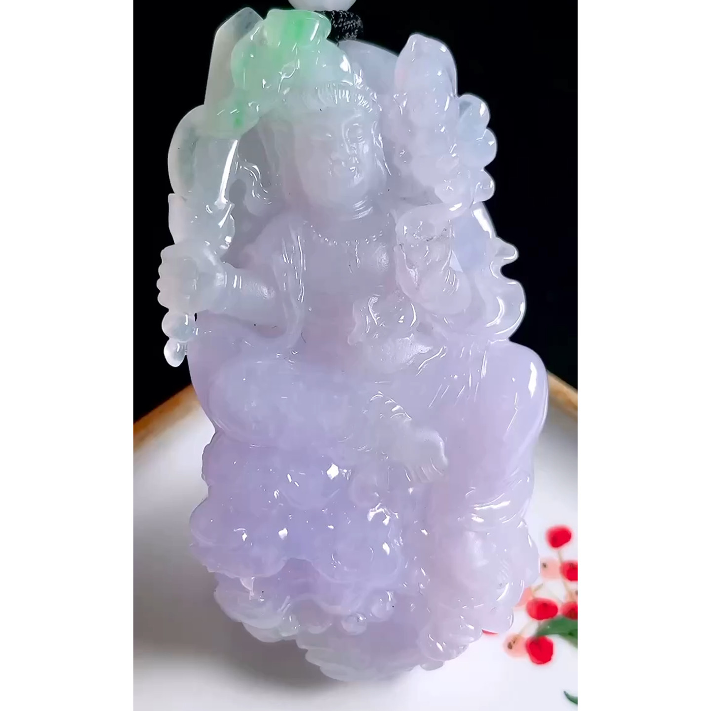 缅甸天然A货玉石翡翠 老坑冰种手工精雕紫虚空藏菩萨吊坠