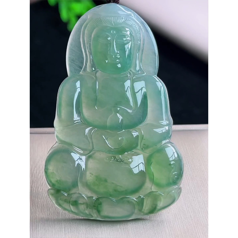 缅甸天然A货玉石翡翠 老坑冰种 手工精雕 飘花正庄观音吊坠