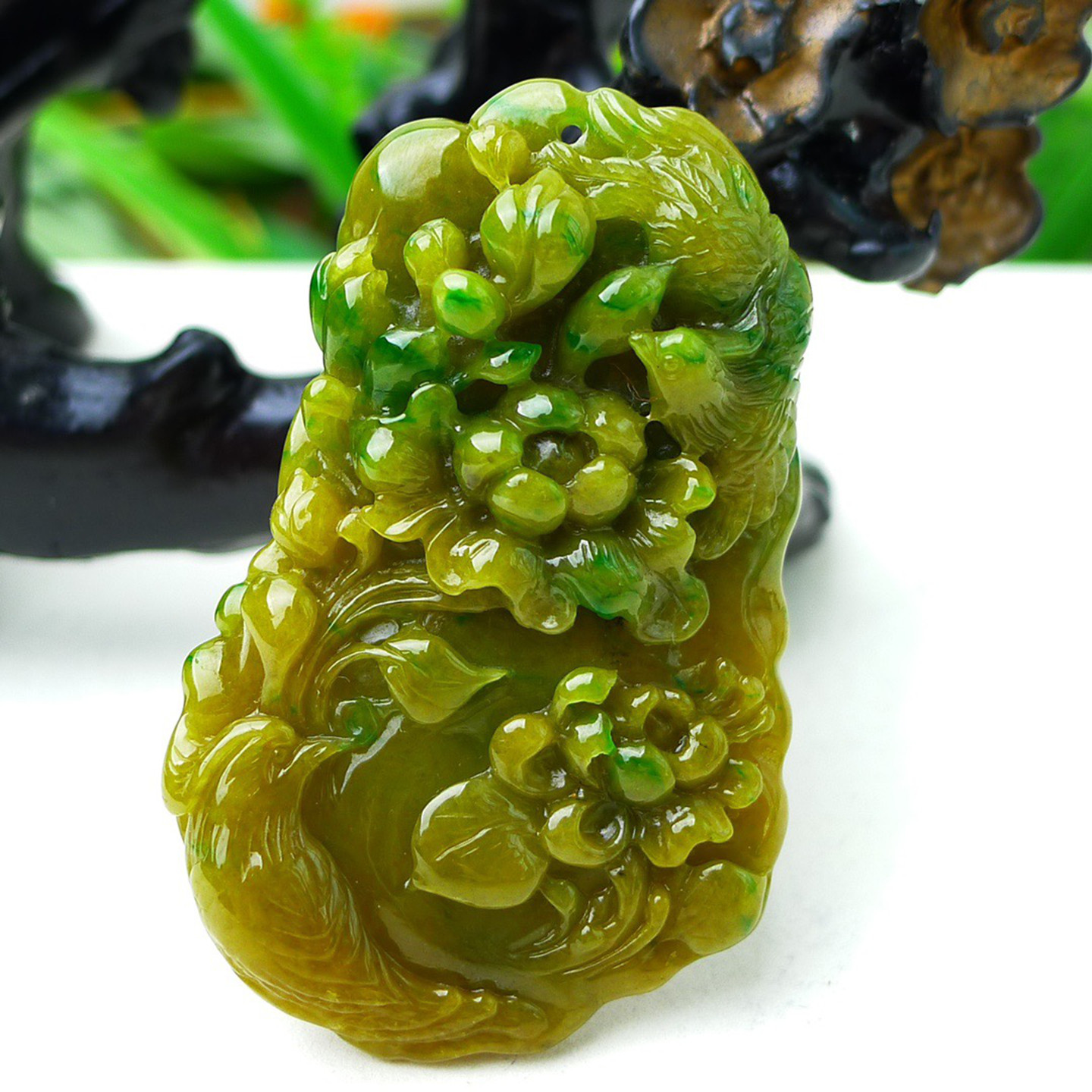 缅甸天然A货玉石翡翠 老坑冰种手工精雕双彩黄加绿花鸟吊坠