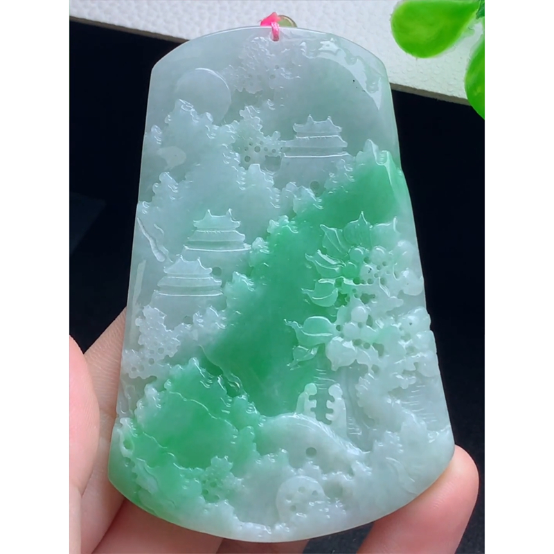 缅甸天然A货玉石翡翠 老坑冰种手工精雕飘绿山水牌吊坠