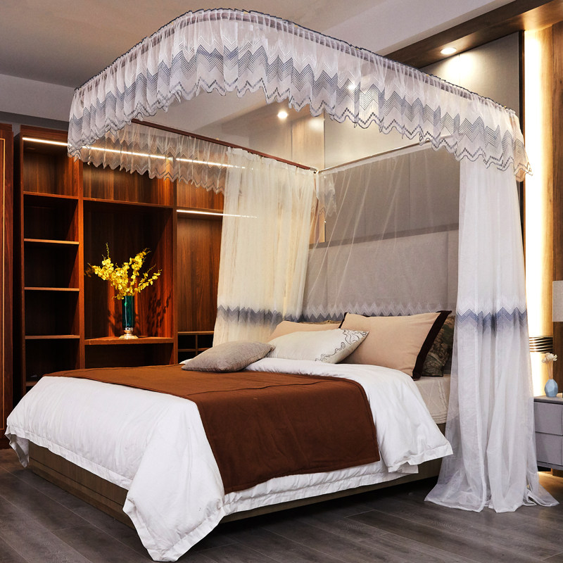 公主蚊帐韩式宫廷粉色蚊帐u型导轨加厚加密推拉式可伸缩不打墙