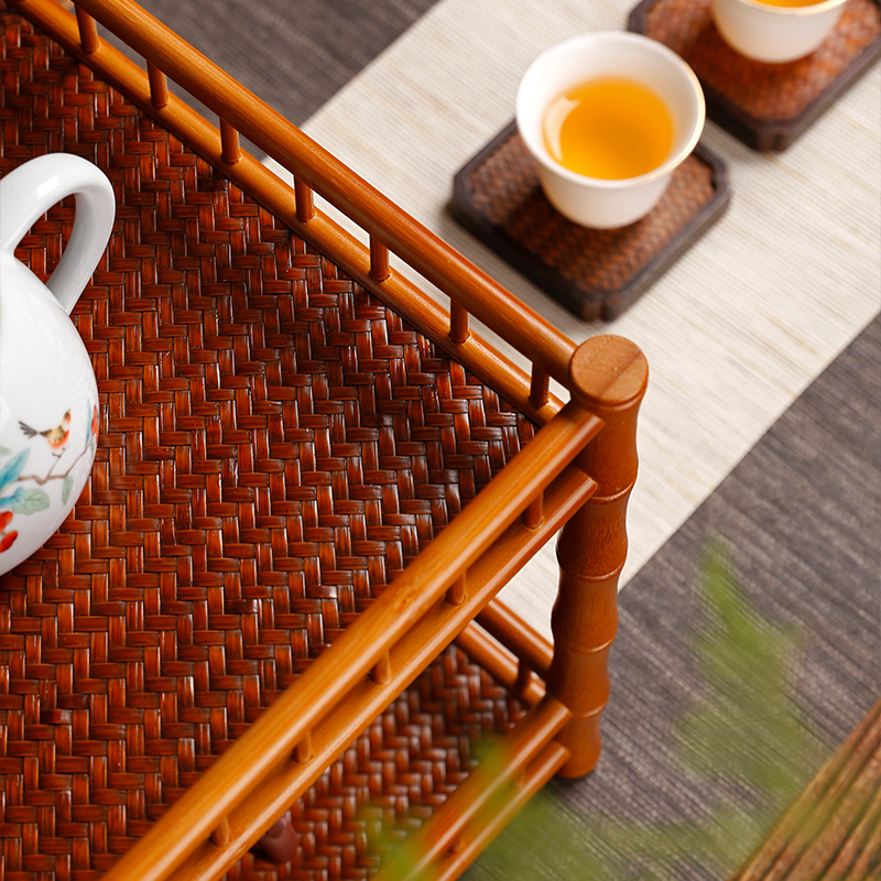 双层紫竹茶棚茶具收纳架子 竹制茶杯架博古L架 茶柜日式置物柜花