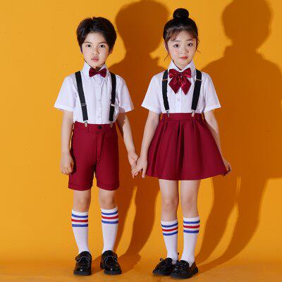 儿童演出服男女童背带裤礼服套装小学生大合唱诗朗诵衬衫短裙红色