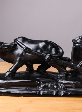 天然黑曜石牛拉财车黑墨玉石牛拉元宝玉石雕刻摆件客厅玄关工艺品