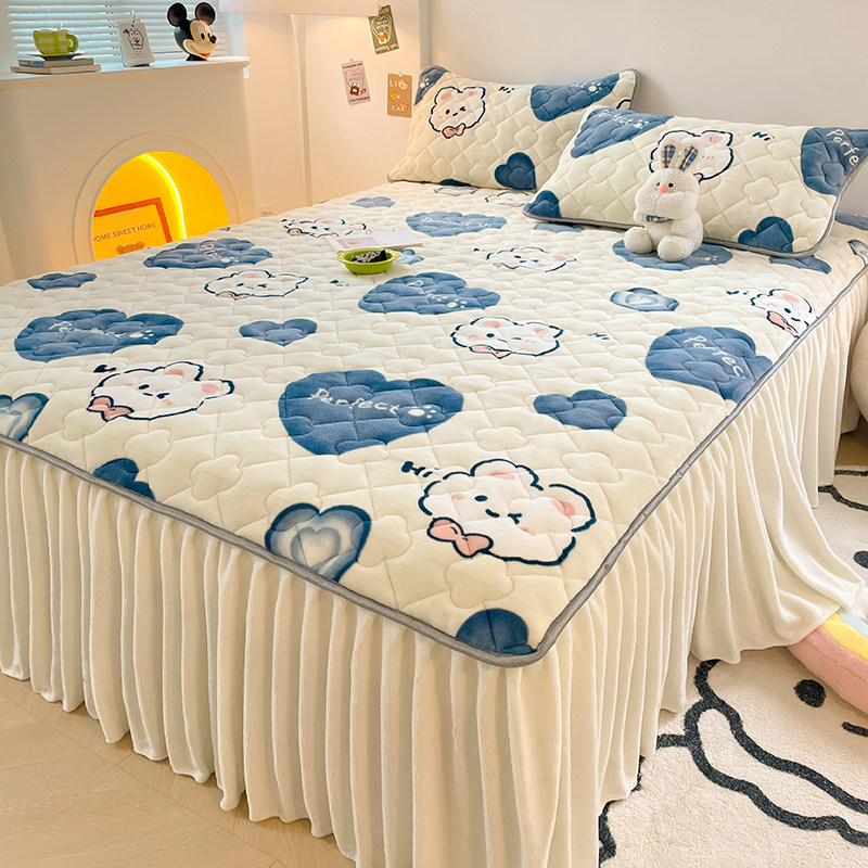 新款秋冬季水晶绒夹棉卡通床裙保暖加厚珊瑚绒法兰绒床罩套