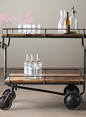 C008复古铁艺实木推车酒店酒水车餐饮火锅店自助餐餐车餐边手推车