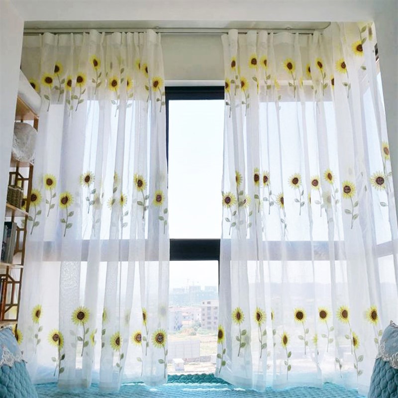 客厅卧室田园风格小清新纱帘落地窗窗纱向日葵窗帘布料.绣花白纱