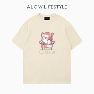 【正品】ALOW LIFESTYLE生活系列 女装手绘懒猫 宽松纯棉短袖t恤