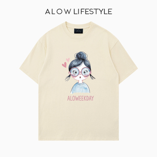 【正品】ALOW LIFESTYLE生活系列 女装手绘女孩 宽松纯棉短袖t恤