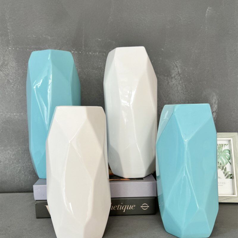 欧式竖纹菱形做旧地中海风格装饰艺术花瓶釉面高档仿真花器摆件