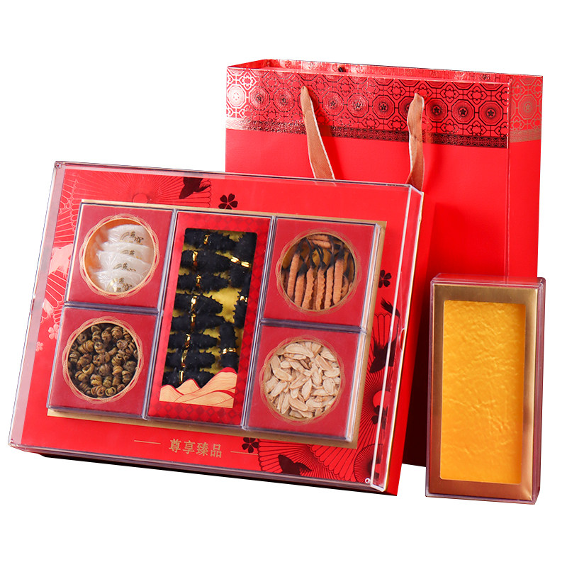 水晶高档双拼礼盒石斛海参鲍鱼元贝干货包装盒四宝三拼礼品空盒