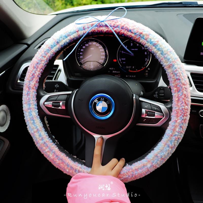 奶粉蝴蝶结格子羊羔绒 甜欲感女生方向盘套model3缤果好猫et5海鸥