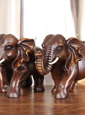 实木雕大象摆件公母象一对木质工艺品客J厅电视酒柜装饰品乔迁礼