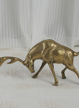 西洋收藏品 美h国手工制作铜驯鹿 欧式复古居家装饰动物中古摆件