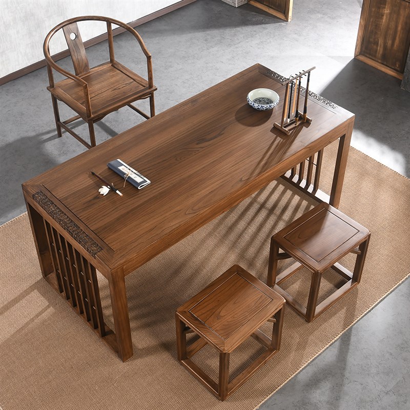 实木书桌老榆木喝l茶桌大板新中式书房画案书法写字长条茶桌办公