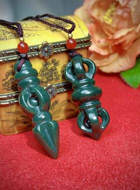 B012泓石斋和田玉青墨玉金刚杵青玉镂空雕刻吊坠挂件