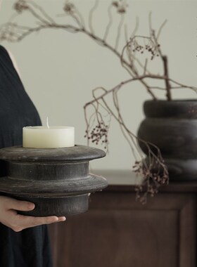 栗石侘寂风复古做旧n实木花器摆件样板间民宿装饰中古艺术插花木