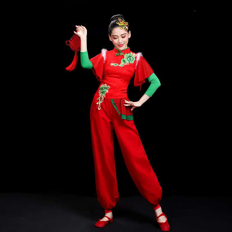 秧歌舞演出服装女2022新款扇子舞腰鼓服中老年广场舞比赛舞蹈套装