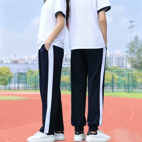 藏蓝色春夏款薄款白宽杠校服裤子