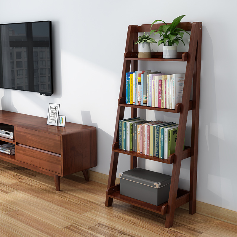 北欧实木置物架客厅卧室落地墙角现代简约花架橡胶木四层梯形书架
