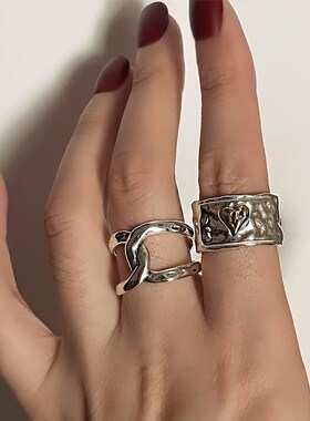 复古做旧锤纹拼色爱心交叉t戒指女时尚个性气质银色合金开口食指