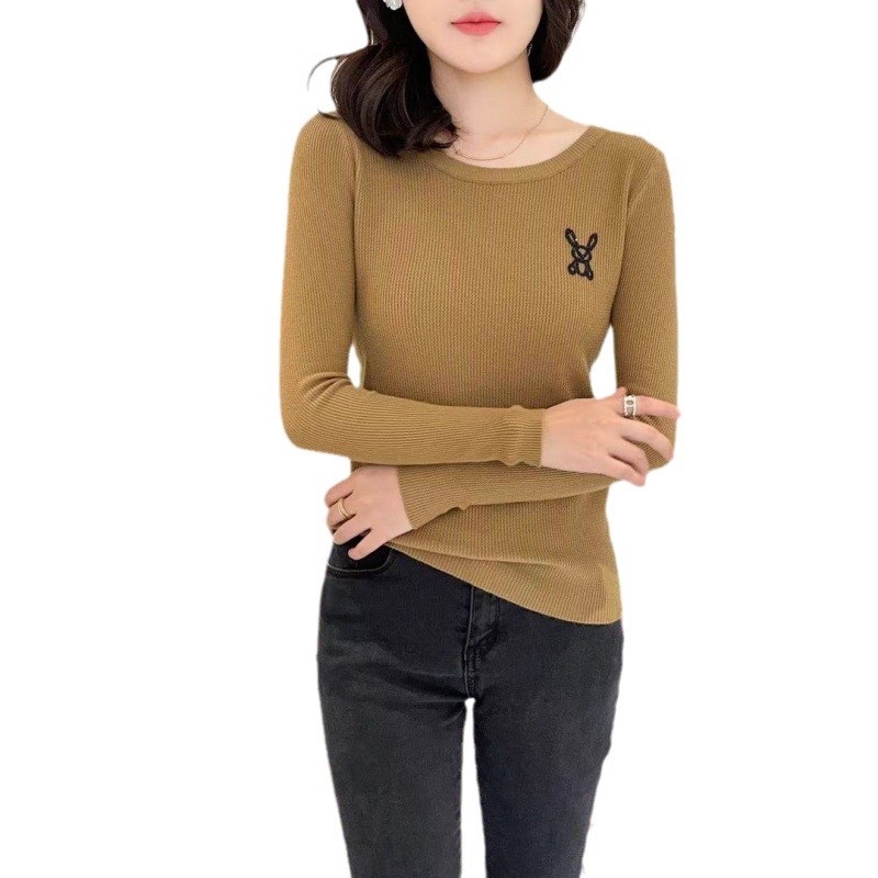 女士圆领刺绣套头针织2023秋季高J级修身毛衣打底衫女上衣