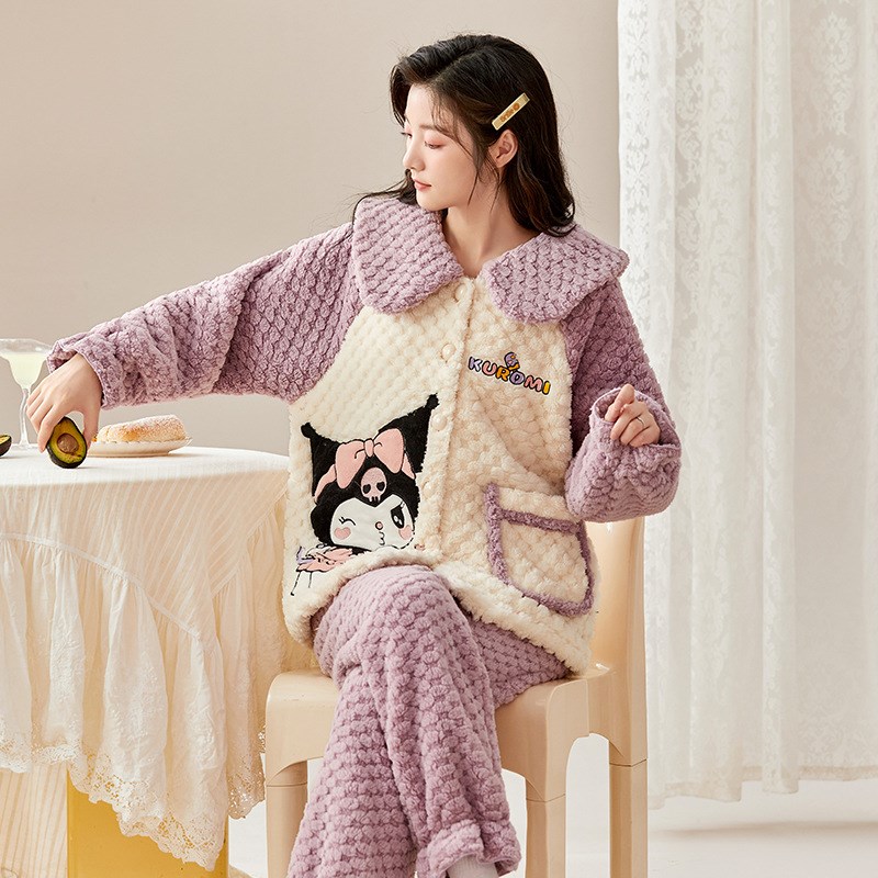 秋冬法兰绒睡衣女加厚长袖保暖日系甜F美可外穿大码家居服女士套