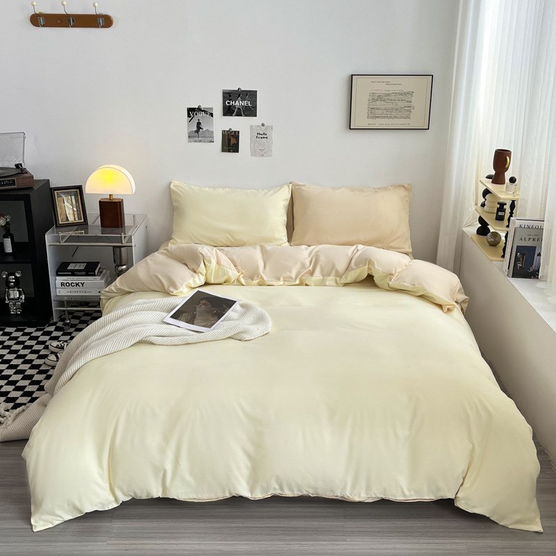 新款纯色双拼水洗棉四件套insB风床上用品床单被套学生宿舍三件套
