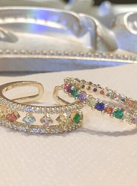 复古彩虹宝石戒指女小q众高级素圈锆石开口戒指饰品钻戒尾戒托